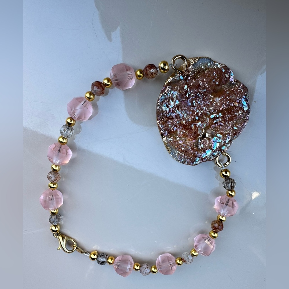 Handmade Pink Druzy and Rutilated Quartz Bracelet & Earring Set